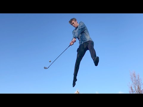 Guy Hits Golf Ball Mid Trampoline Jump