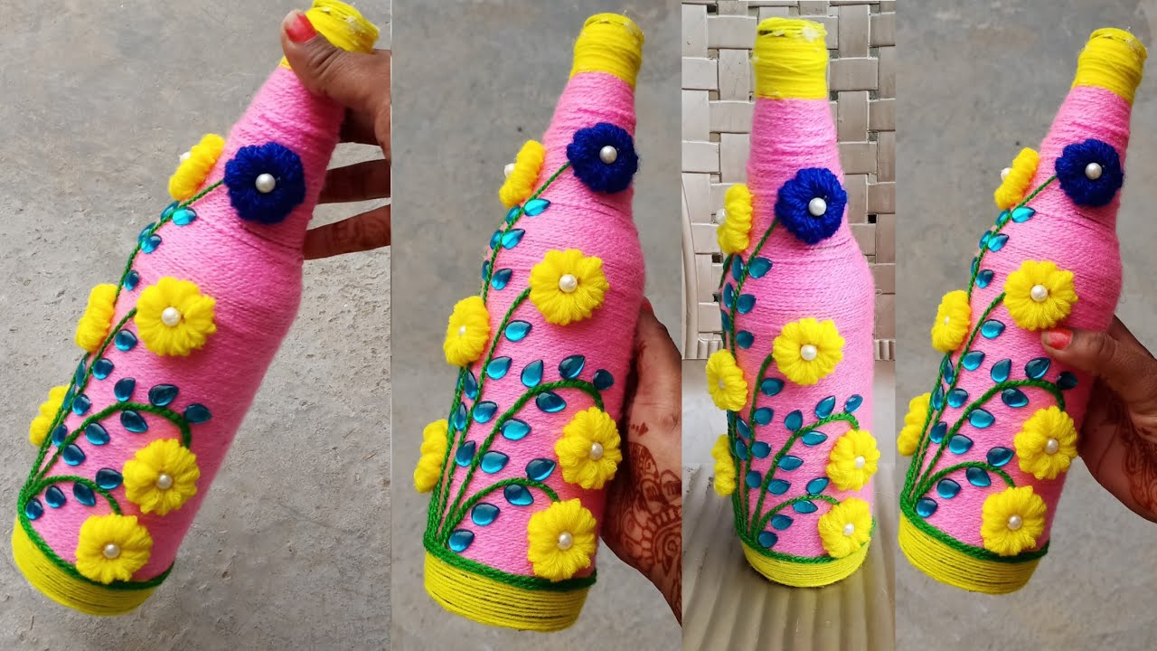 ऊन से सजाये बोतल/ Best out of waste bottle craft/how ...