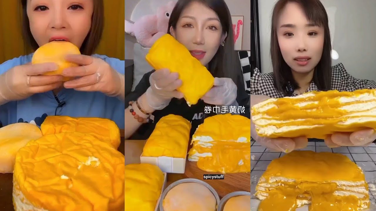 ASMR Yellow Creamy Crepe Cake Mochi Mukbang 🍰(Eating Sounds) 무스 케이크 먹방