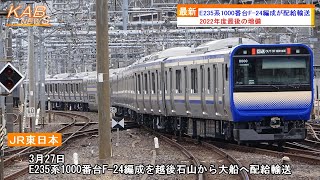 【2022年度最終増備】E235系1000番台F-24編成が配給輸送(2023年3月27日ニュース)