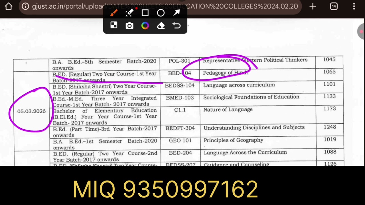 GJU B.Ed general reappear date sheet 2026 | GJU B.Ed Reappear exam date sheet 2026