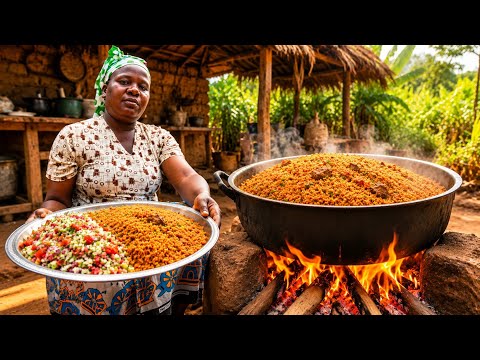 Giant Jollof Rice Cooked on Firewood | Traditional African Village Cooking with Fresh Kachumbari