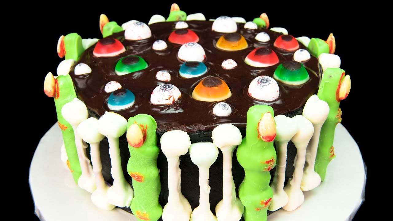 Floating Eye Balls Halloween Cake with Skeleton Bones and Bloody Witch Fingers