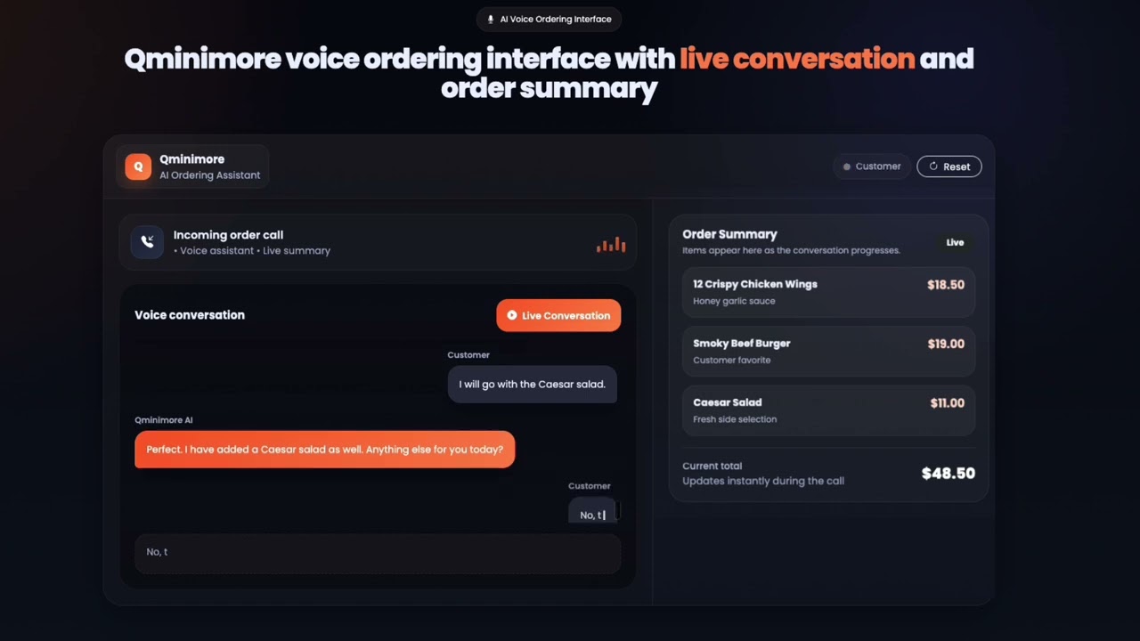 Qminimore AI Food Ordering Assistant Demo | Voice Ordering & Secure Payment