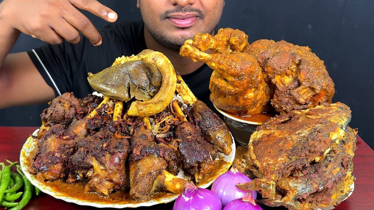 Eating Spicy Mutton Nalli Kala Vhuna,Whole Chikhen Curry,Rupchanda Fish Fry With Rice | Asmr Mukbong
