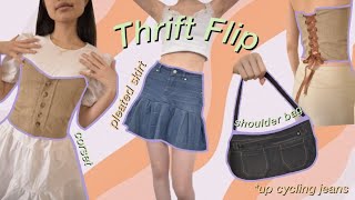 Thrift Flip | Up Cycling Jeans | easy DIY denim pleated skirt, corset & shoulder bag