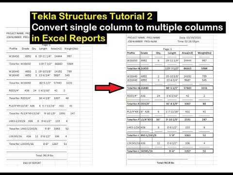 Tekla Structures Tutorial 2  Convert single column to multiple columns in Excel Reports