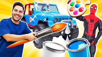 ¡Juegos con Spiderman y coches en el taller! Juguetes para niños con Eduardo