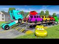 Double Flatbed Trailer Truck vs Speedbumps McQueen Train vs Cars | Tractor vs Train Beamng.Drive #44
