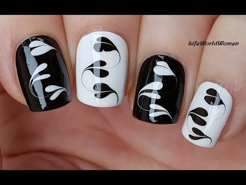 BLACK &amp; WHITE HEART NAIL ART / Dry Marble Monochrome Nails