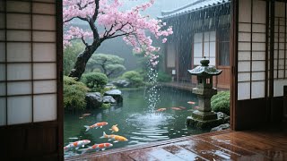 Relaxing Rain In Japanese Zen Garden Soothing Koi Pond & Sakura Blossom Ambience