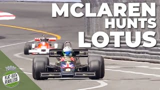 Classic F1 battle! McLaren M26 hunts Lotus 77 around the streets of Monaco