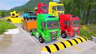 Double Flatbed Trailer Truck vs Speedbumps Train vs Cars | Tractor vs Train Beamng.Drive 082