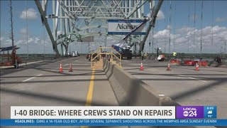 Construction crews install eight steel plates on I-40 bridge
