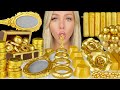 Asmr gold dessert edible gems chocolate coins vintage mirror gold dust edible flowers mukbang 