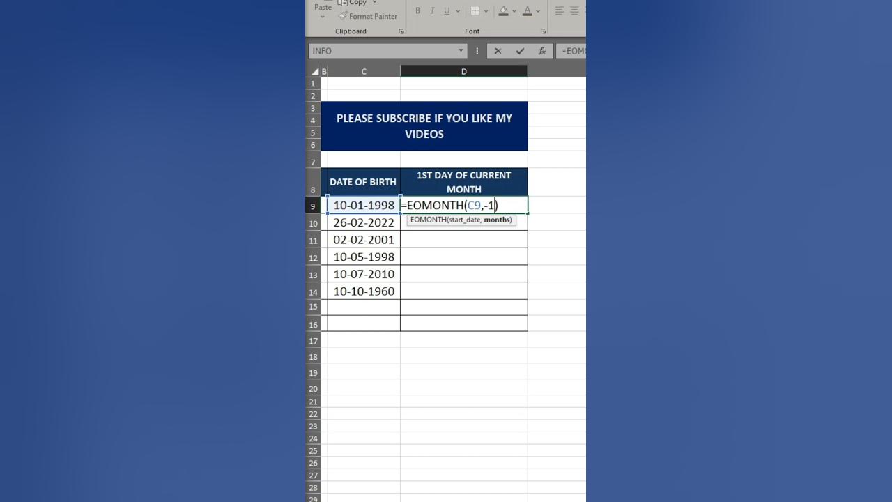 How to get 1st of current month in excel youtube