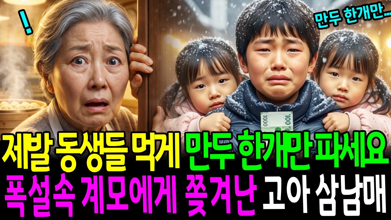 폭설속 계모에게 쫒겨난 고아 삼남매 제발 동생들 먹게 만두 한개만 파세요