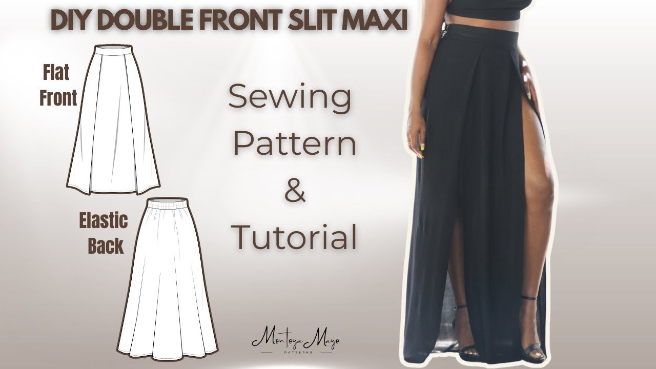 DIY Double Front Slit Maxi Skirt With Flat Front Elastic Back Waistband Pattern + Sewing Tutorial