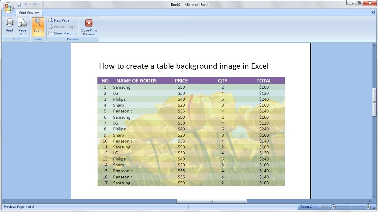 Microsoft excel training |How to create a table with a background