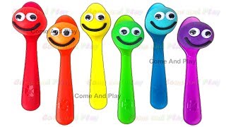 Learn Colors Smiley Face Play Doh Balls with Rainbow Spoons and Surprise Toys