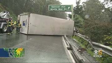 Overturned Big Rig Crash And Fire Snarls Traffic On Northbound Highway 101 In Marin