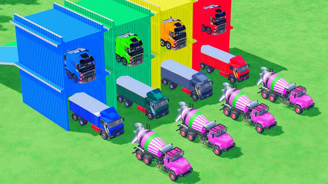 TRANSPORTING ALL MIXER TRUCK WITH FLATBED TRAILER TRUCK, VOLVO, F.I.A.T - FS22 