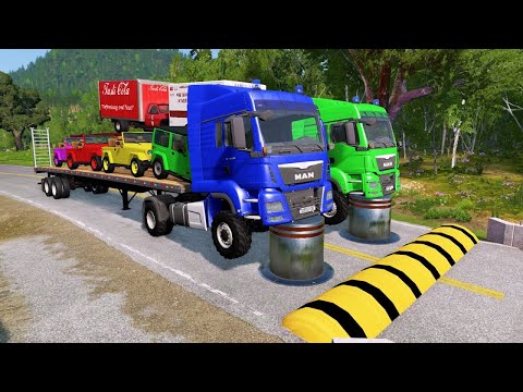 Double Flatbed Trailer Truck vs Speedbumps Train vs Cars Beamng.Drive #22