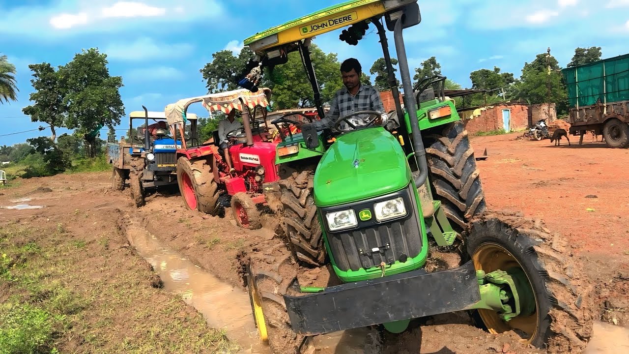 Sonalika Di-734 with Trolley Stuck in Mud | Tractors Pulling | Mahindra 575 | John Deere 5210