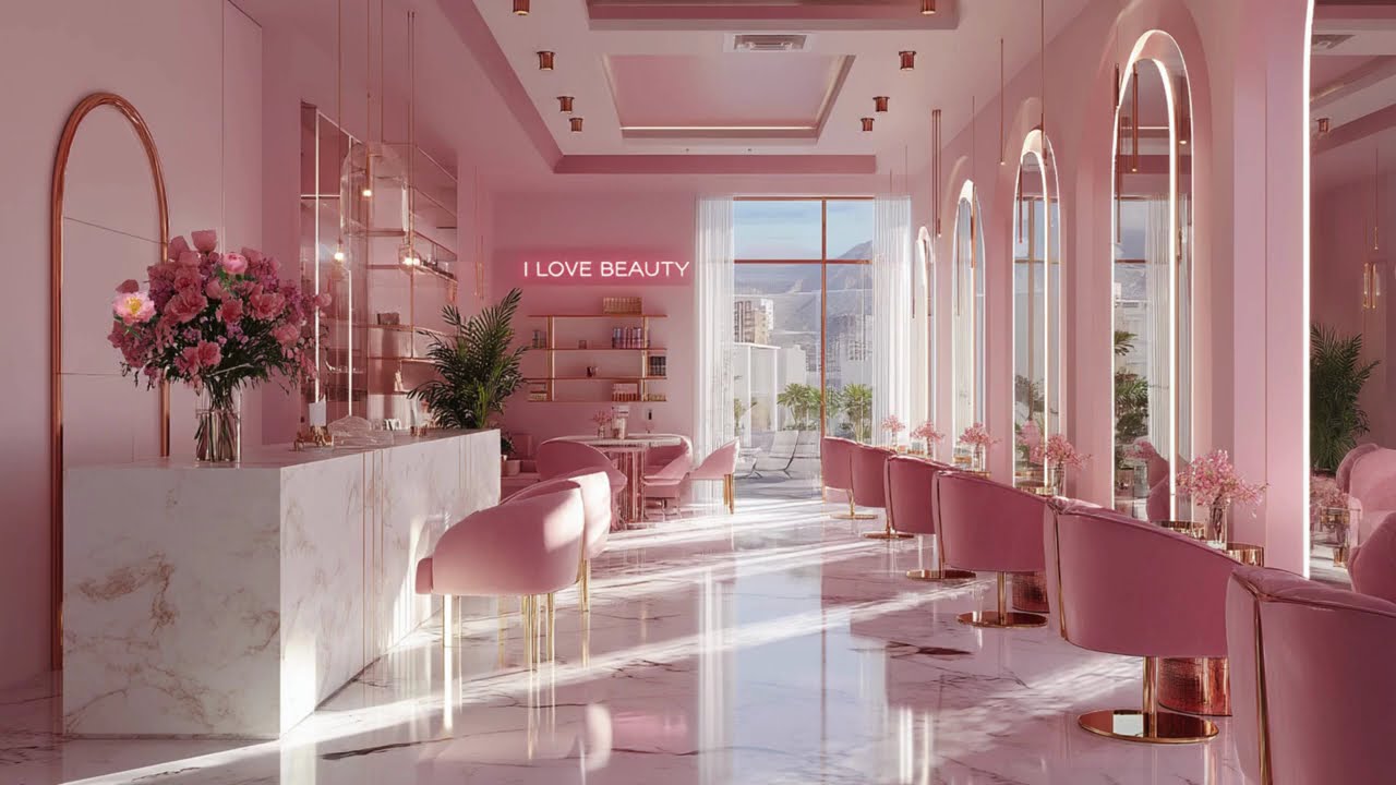 Luxury Beauty Salon Ambience 4K • Relaxing Jazz Music • Aesthetic Pink Interior for Work & Clients