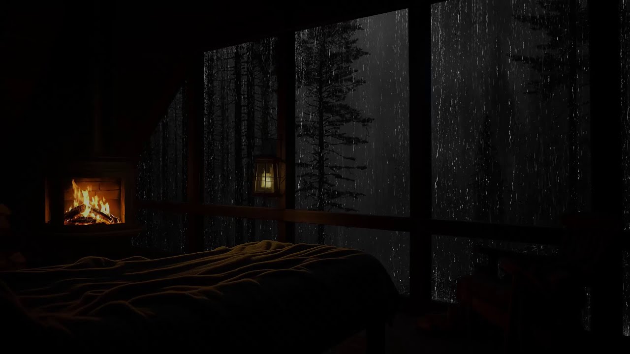 Pioggia nella Foresta e Caminetto Accogliente in Cabina Suoni della Natura per un Sonno Profondo