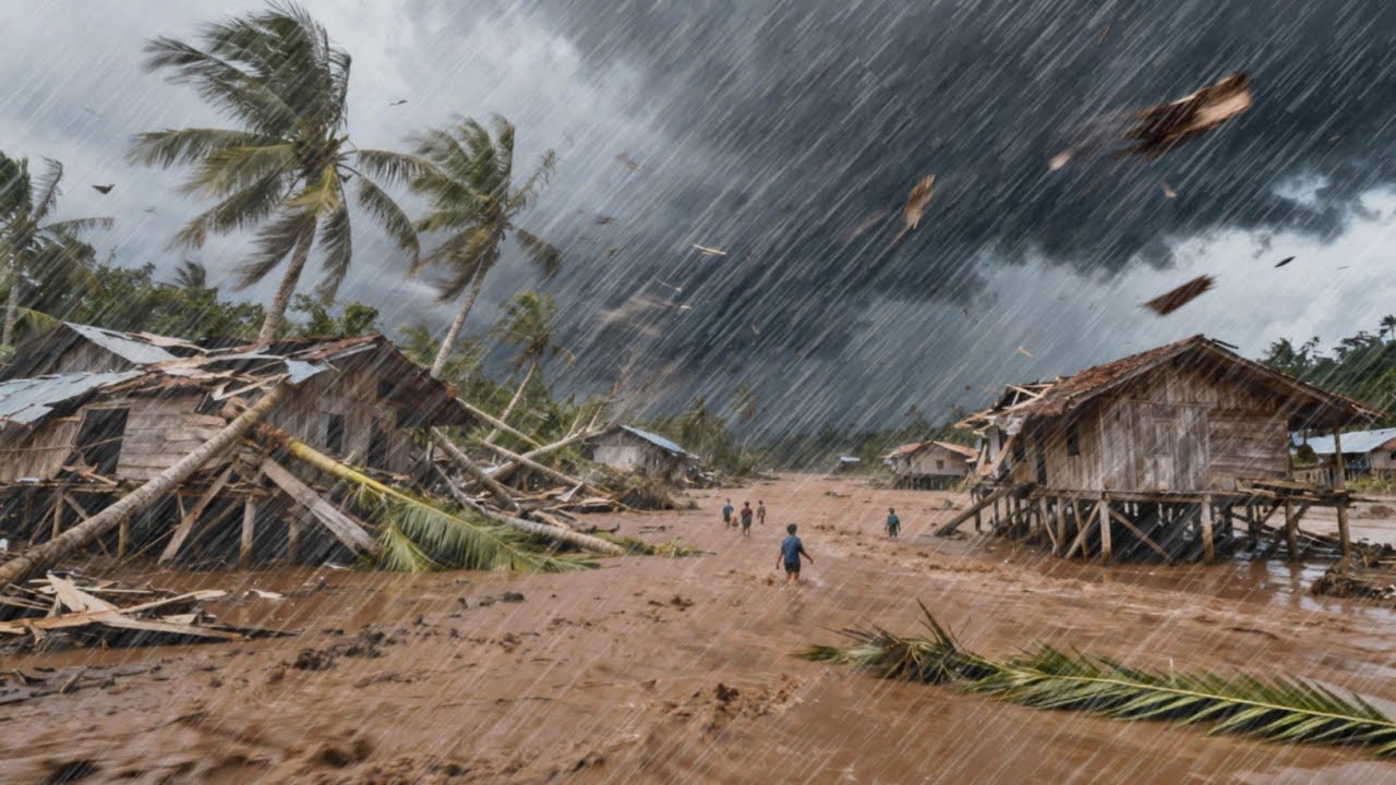 Гроза, хаос, деревенская жизнь в Индонезии, сильный ветер перекрыл дороги