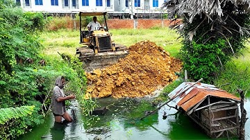 Perfectly Start New Project! Landfill Delete Flooded Pond Use Dozer Push Soil Into Water with Truck