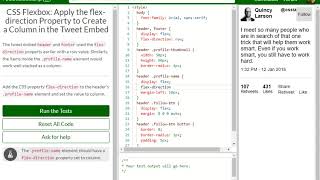 CSS Flexbox Apply the flex direction Property to Create a Column in the Tweet Embed free code camp