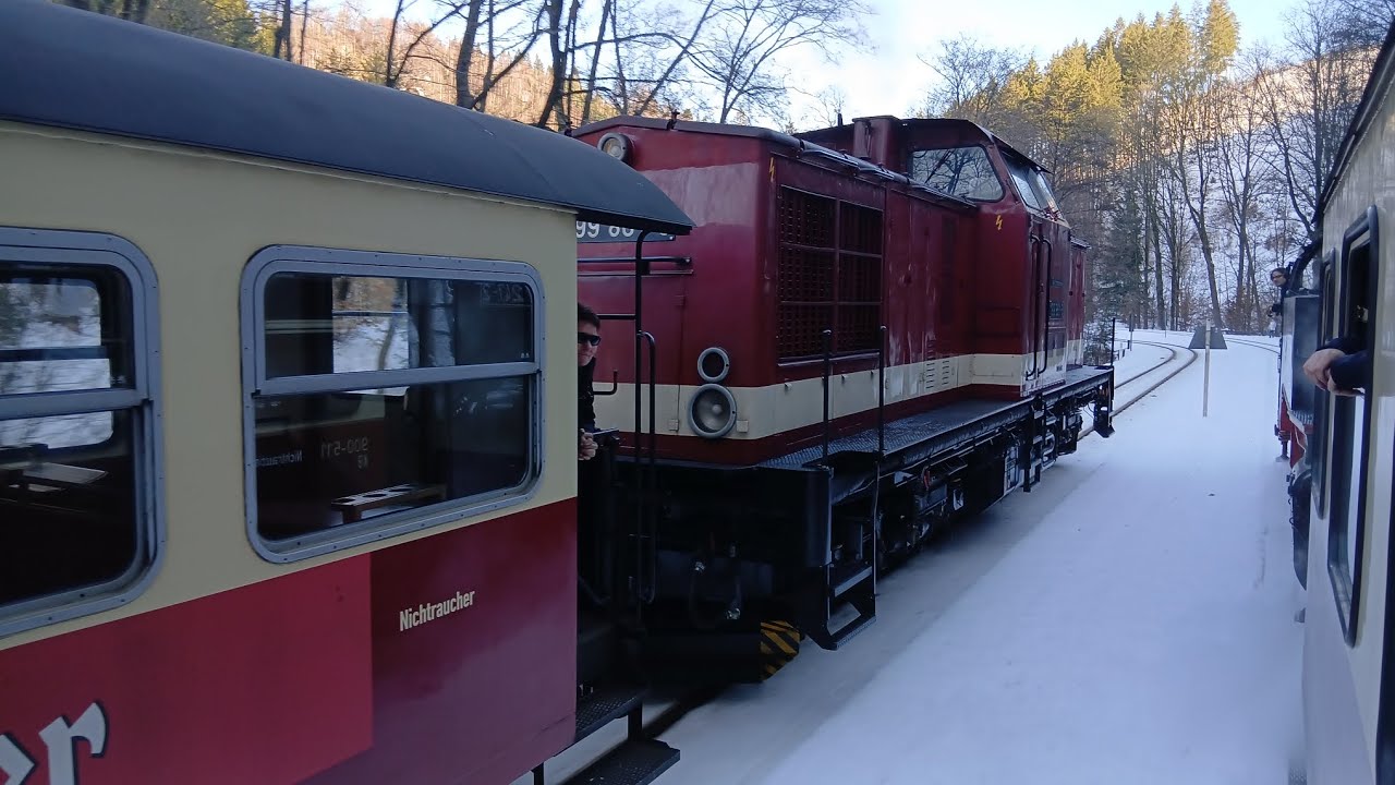 99 7247 und "Harzkamel" V 100 / 199 861, gaben sich im Bahnhof Eisfelder Talmühle ein Stelldichein.