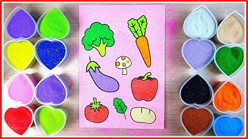 Tô màu tranh cát các loại rau củ: cà rốt; cà chua; súp lơ; cà tím;nấm;ớt chuông #vegetables  #viral