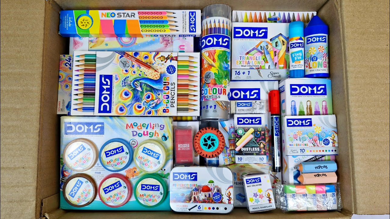 Latest DOMS STATIONERY🩵Geometry, Crayons, Oil Pastels, Hilighters, Sharpener, Eraser, Pen, Pencil