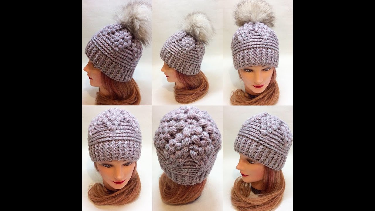 Шапочка крючком с макушкой из пышных столбиков/crochet cap