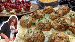 How to Make Rach’s Turkey-Cornbread Meatballs, Herb Gravy &amp; Roasted Garlic Mashed Potatoes