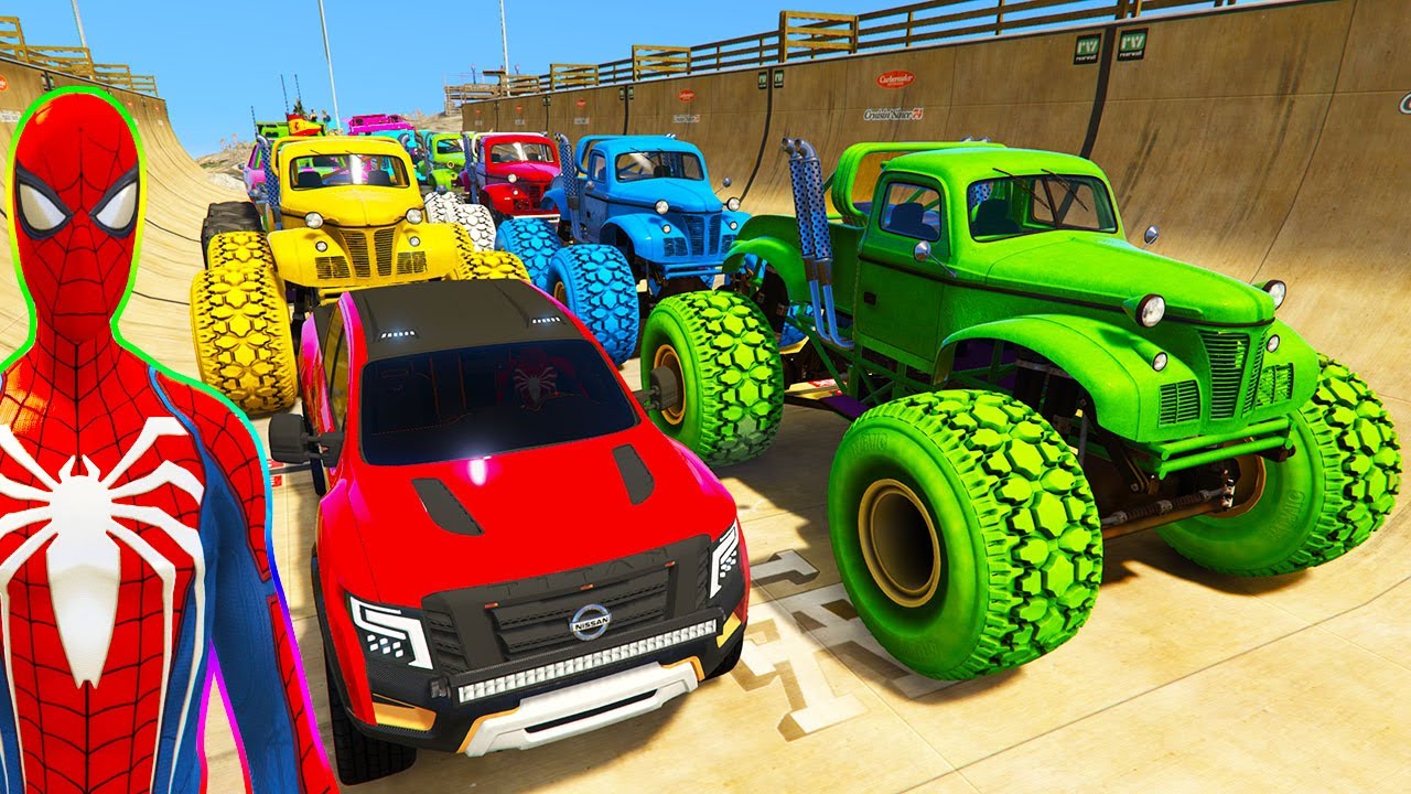 SPIDERMAN CARS Monster Trucks Mega Rampa Challenge  SUPERHERO HULK Iron Man Goku Racing   GTA V