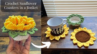 EASY Crochet Sunflower Coasters in a Basket | Crochet Sunflower Coasters