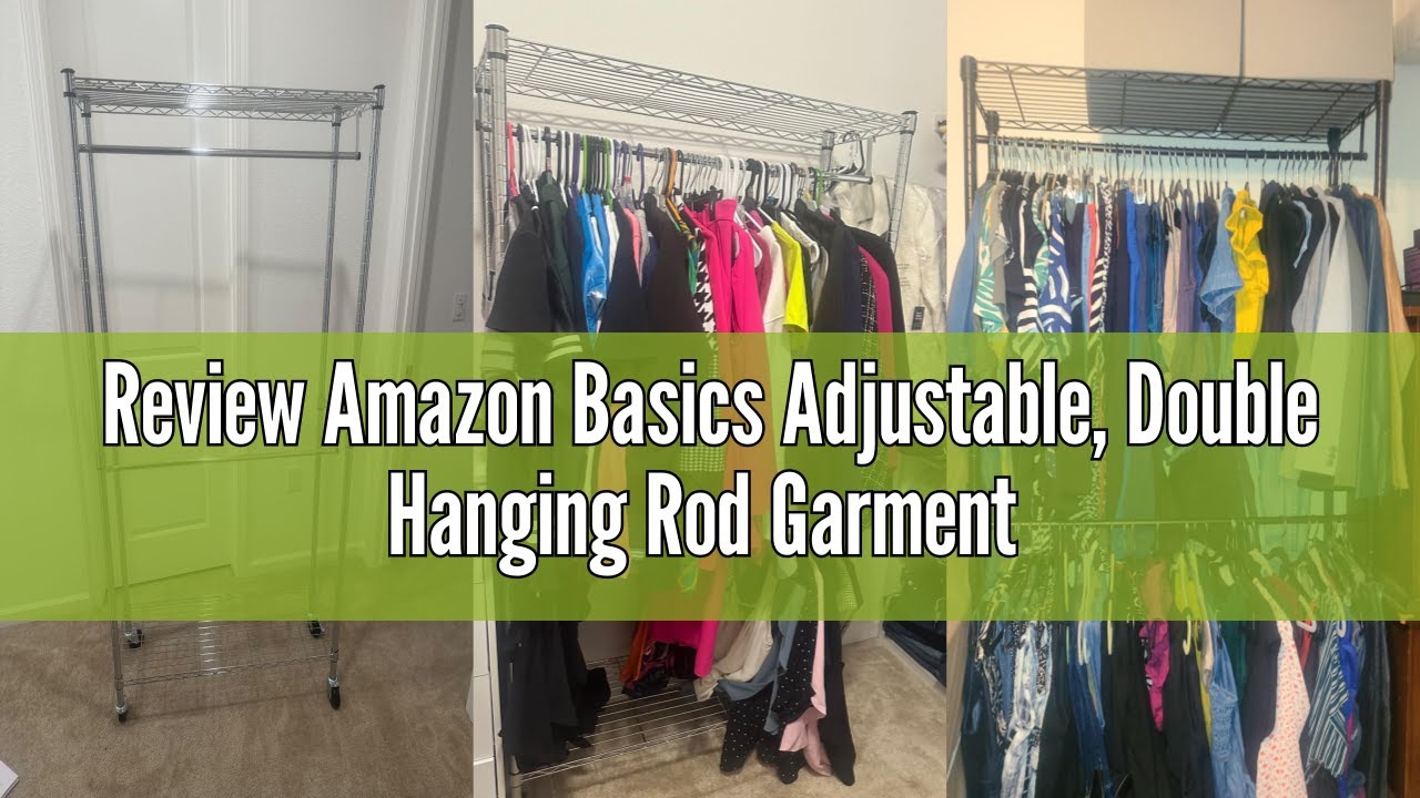 Review Amazon Basics Adjustable, Double Hanging Rod Garment Rolling Closet Organizer Rack with Wheel