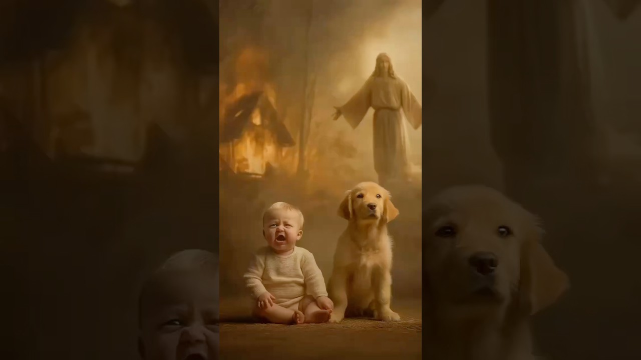 Brave dog protects the baby. Jesus's miracle to save the family.