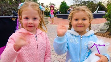 Nastya, Roma and Diana play in the park