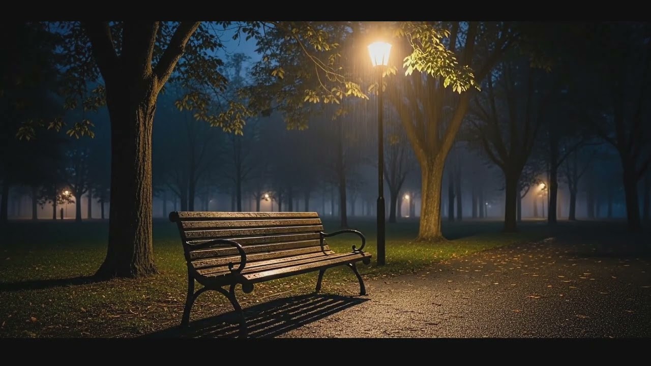 3 Hours Rainy night Relaxing Ambiance Video Quiet Park Light wooden bench Sleeping, Insomnia, Calm