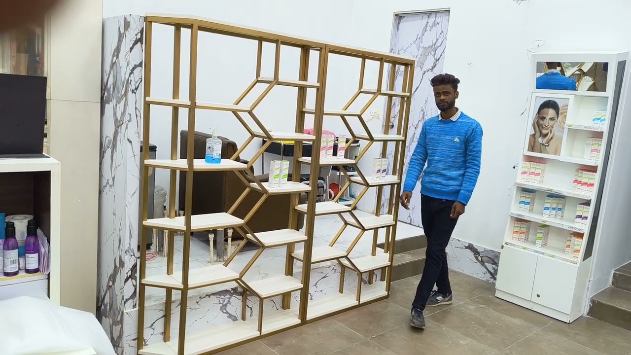 Steel Brown Black Unique Creative Metal Partition With Wooden Shelves | Available on IndiaMART