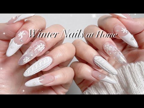 [Nails at Home] Acrylic Gel Nail Extention/ Long Almond Shape Nails/ Trendy Winter Nail Art