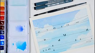 Easy Watercolor Morning Sky Tutorial l วาดท้องฟ้ายามเช้าง่าย ๆ โดยใช้แค่ 2 สี l Yorudachan