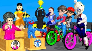 Squid Game vs Scary Teacher 3D Huggy Wuggy vs Miss T and 4 Neighbor Bicycle Racing Challenge