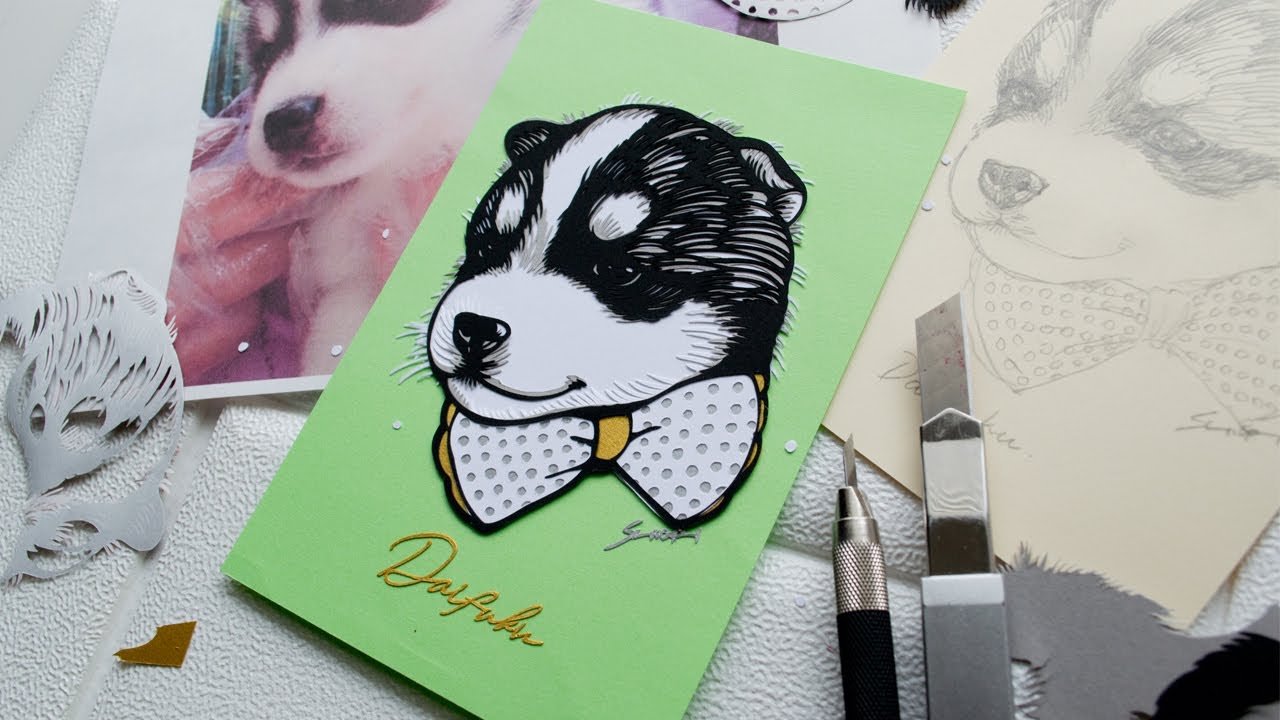 イラストオーダー、切り絵オーダー 犬／切り絵】おめかし似顔切り絵オーダーの制作過程【Dog/Paper cut