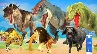 Giant Dinosaur vs Monster Lion Attacks Mini Cow Cartoon Buffalo  Woolly Mammoth Guess The Right Milk